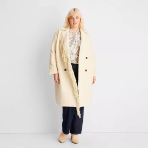 Future Collective Notched Lapel Double Breasted Fringe Coat Cream 2X